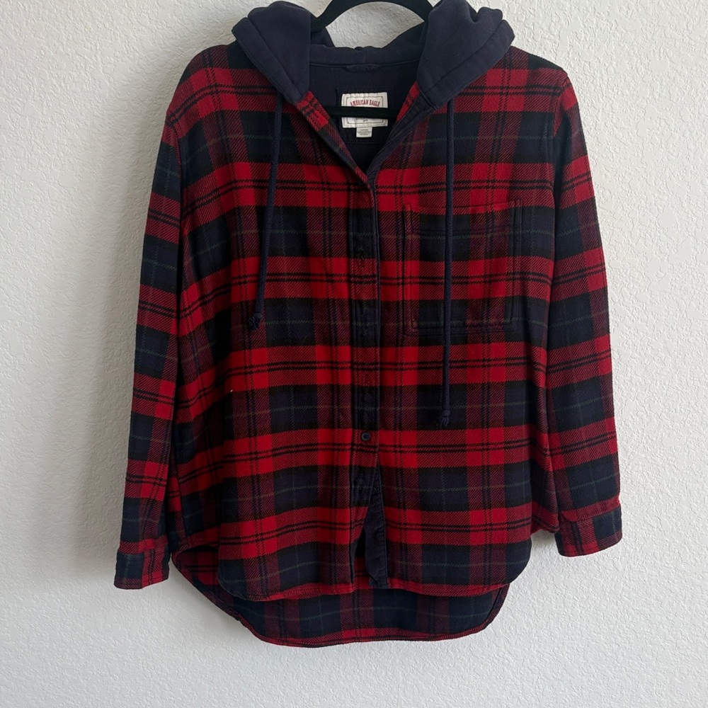 Red & Navy Plaid Hooded Button-Up Shirt Jacket- American E